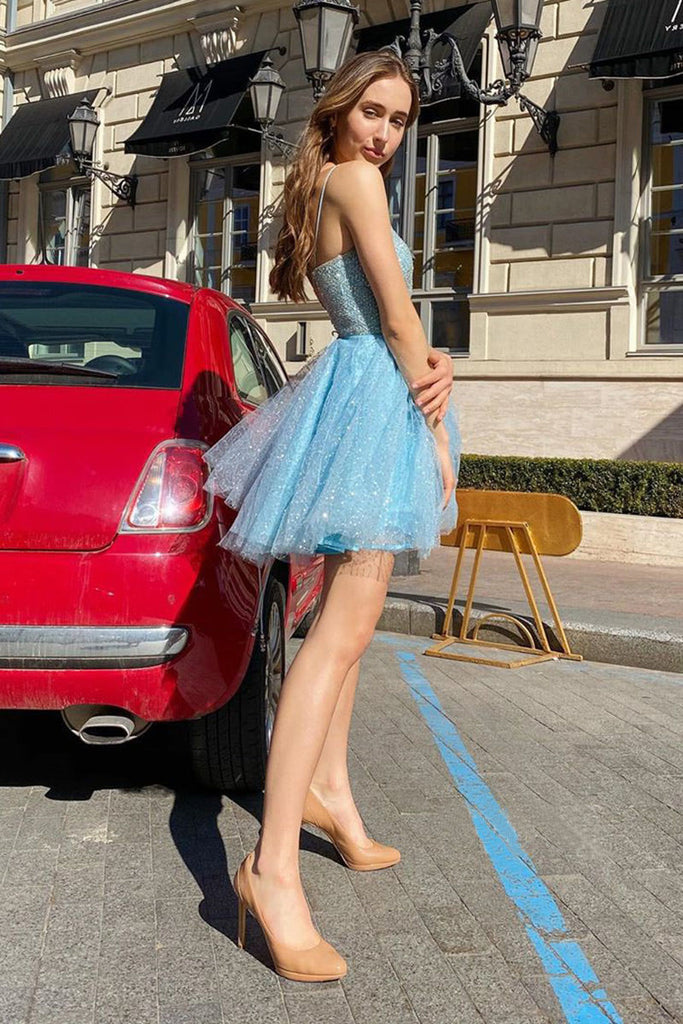 Sky Blue Sequins Lace Beading Bodice Short Prom Dresses, Homecoming Graduation Dress OMH0059