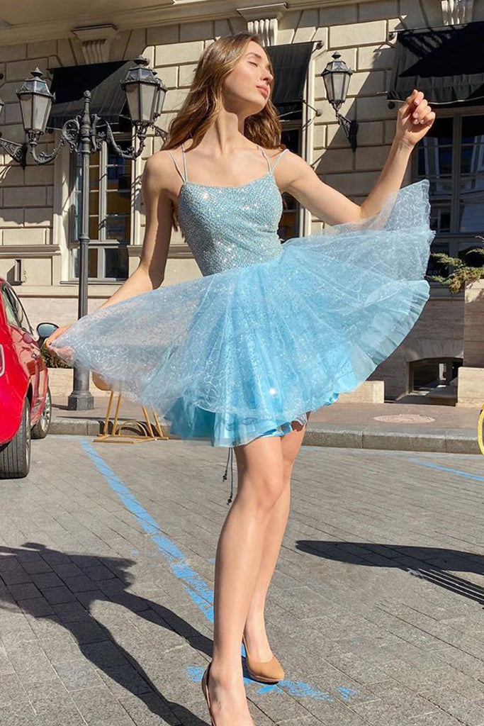 Sky Blue Sequins Lace Beading Bodice Short Prom Dresses, Homecoming Graduation Dress OMH0059