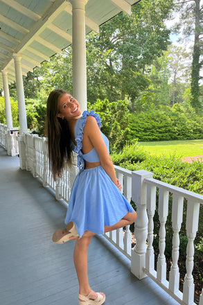 A Line Blue Straps Open Back Short Homecoming Dresses, Mini Graduation Dresses OMH0208