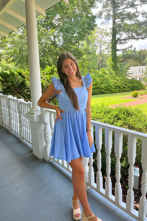 A Line Blue Straps Open Back Short Homecoming Dresses, Mini Graduation Dresses OMH0208