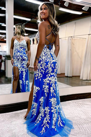 Elegant Mermaid Blue V Neck Tulle Prom Dresses With Lace Appliques, Slit Evening Dress OM0348