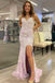 Elegant Mermaid Blue V Neck Tulle Prom Dresses With Lace Appliques, Slit Evening Dress OM0348