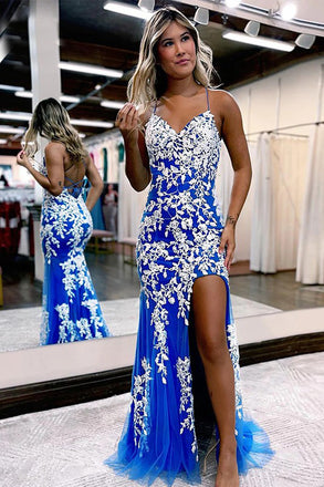 Elegant Mermaid Blue V Neck Tulle Prom Dresses With Lace Appliques, Slit Evening Dress OM0348