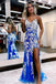 Elegant Mermaid Blue V Neck Tulle Prom Dresses With Lace Appliques, Slit Evening Dress OM0348