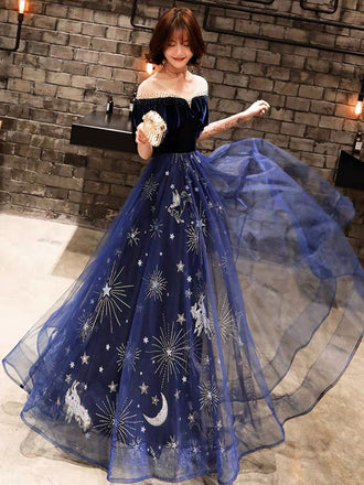Vintage A line Off the Shoulder Stars Moon Tulle Lace Maxi Formal Long Party Dress OM0134