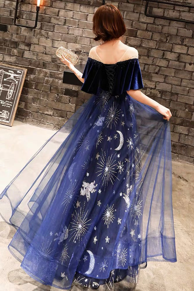 Star And Moon Dress Unique Long Black Moon And Stars Party Prom Dress With Puffy Sleeves Star And Moon Dress Unique Long Black Moon And Stars Party Prom Dress With Puffy Sleeves