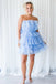Cute A Line Blue Tulle Tiered Strapless Short Prom Dresses, Homecoming Dress OMH0218