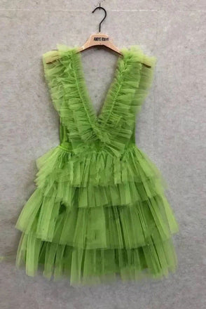 Cute Blue A line V neck Tulle Tiered Short Prom Dress, Straps V Back Homecoming Dress OMH0211