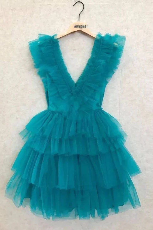 Cute Blue A line V neck Tulle Tiered Short Prom Dress, Straps V Back Homecoming Dress OMH0211