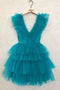 Cute Blue A line V neck Tulle Tiered Short Prom Dress, Straps V Back Homecoming Dress OMH0211