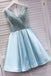 Cute A line Sequins Light Blue Satin Short Mini Prom Dresses, Homecoming Dresses OMH0047