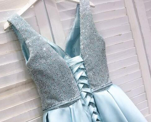 Cute A line Sequins Light Blue Satin Short Mini Prom Dresses, Homecoming Dresses OMH0047
