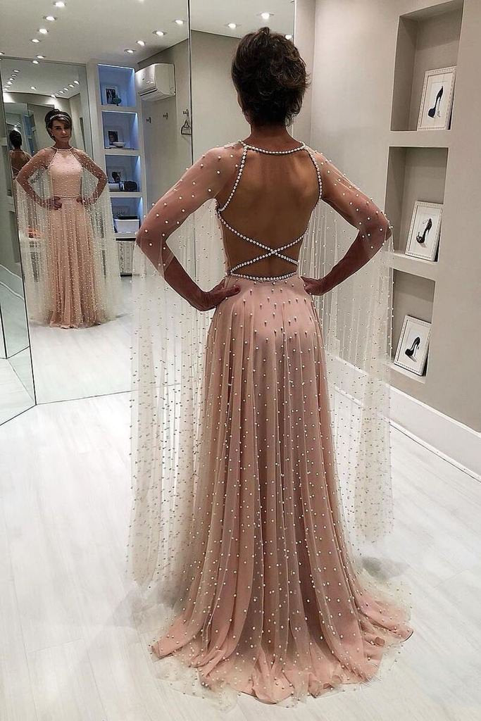 Blush Pink A Line Backless Long Prom Dresses with Pearls PDN79