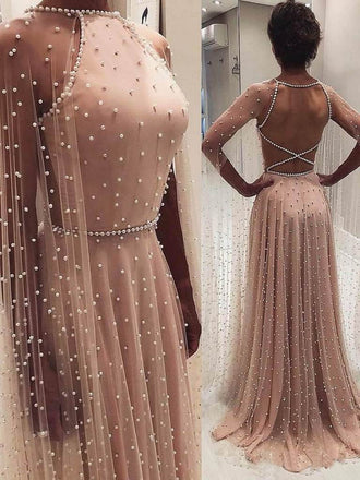Blush Pink A Line Backless Long Prom Dresses with Pearls PDN79