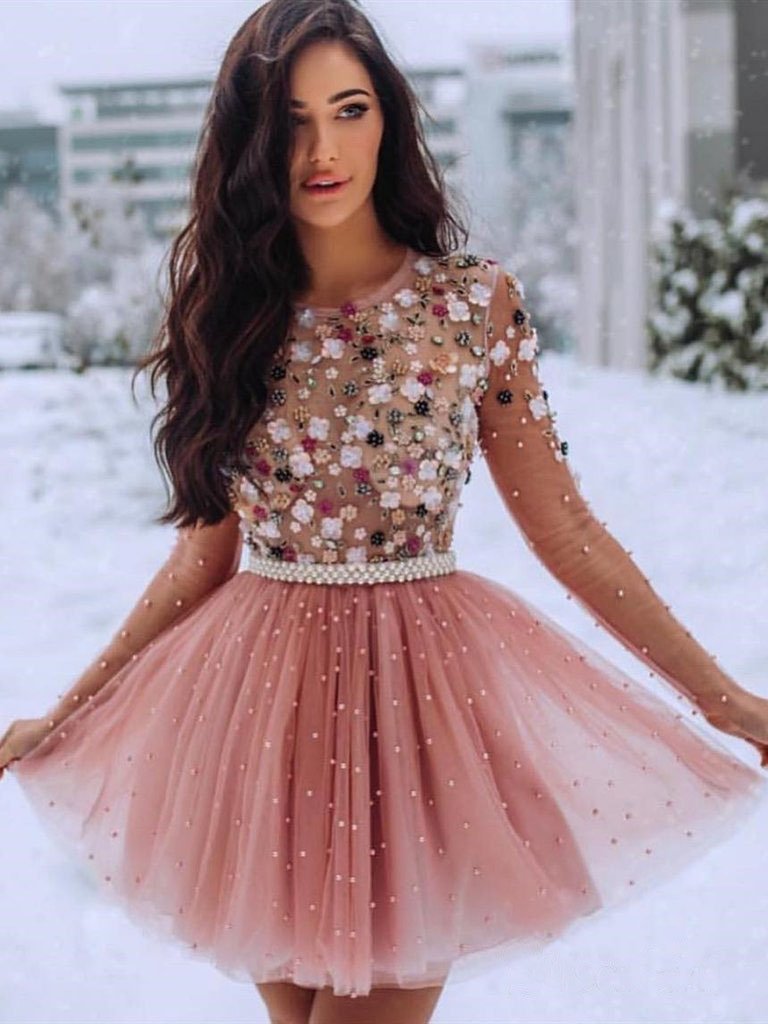Blush Pink Short Prom Dresses 3D Flowers Beaded Homecomingl Dresses PDP5