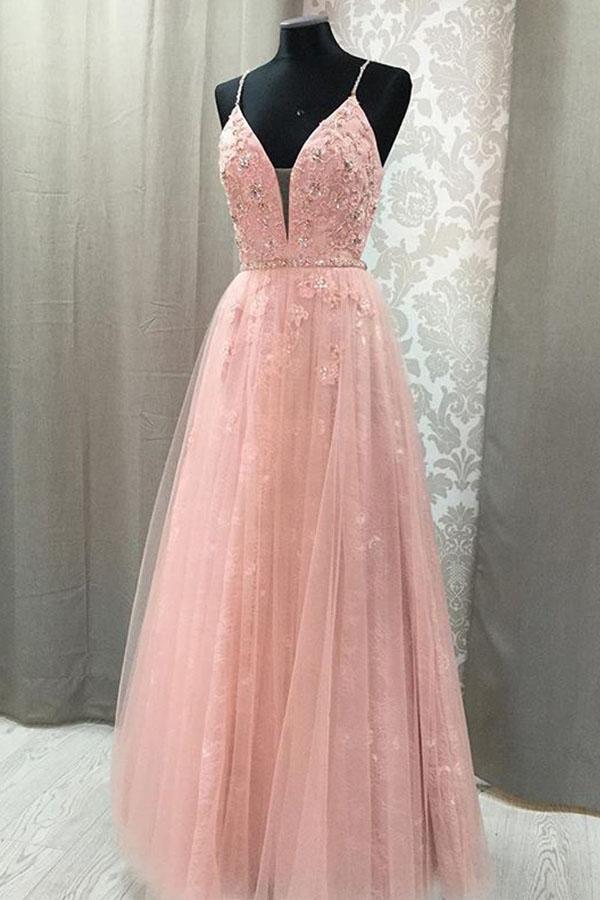 Blush V Neck Prom Dress with Straps, Long Prom Gown with Appliques PDJ49