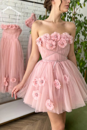 Cute A line Blush Pink Strapless Tulle Hand Made Flowers Homecoming Dress, Graduation Dress OMH0253