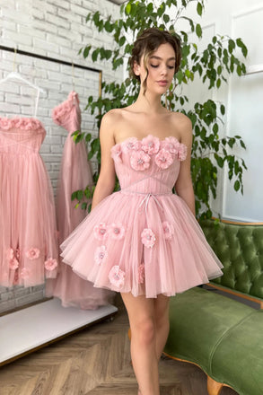 Cute A line Blush Pink Strapless Tulle Hand Made Flowers Homecoming Dress, Graduation Dress OMH0253