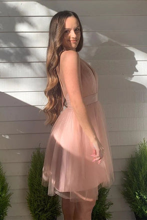 A Line Ruffles Halter V Neck Tulle Short Prom Dresses, Mini Homecoming Dresses OMH0183