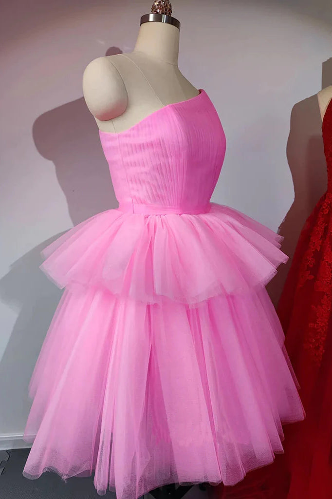 Blush Pink One Shoulder Tiered Homecoming Dresses A Line Pleated Tulle Tutu Dress OMH0150