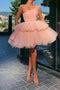 Blush Pink One Shoulder Tiered Homecoming Dresses A Line Pleated Tulle Tutu Dress OMH0150