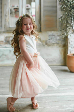Blush Pink A Line Skirt Flower Girl Dress, Round Neck Tulle Cute Gril Dress with Appliques OMF0004