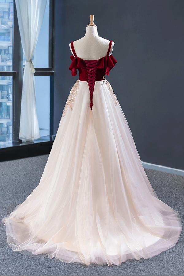 Vintage A-line Off-the-shoulder Red Straps Tulle Party Dresses, Appliques Prom Dress OM0003