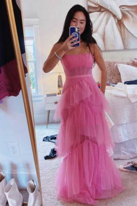 A line Pink Spaghetti Straps Layered Tulle Sleeveless Corset Gown, Long Prom Dresses OM0040