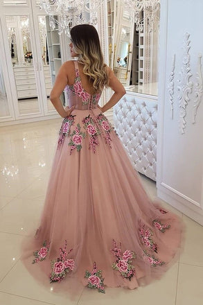 Broad Strap Floral Appliqued Long Prom Dresses Cheap A Line Evening Dress PDI3