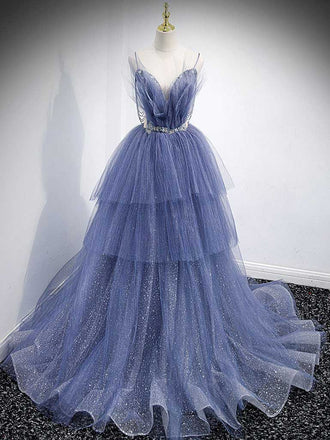 Elegant Blue V Neck Spaghetti Straps Tulle Long Beading Prom Dresses with Layers OM0024