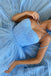Newest Spaghetti Straps A-line Blue Sequin Tulle Pleated Prom Dresses OM0058