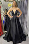 Simple A Line V Neck Black Satin Spaghetti Straps Prom Dresses with Beading OM0031