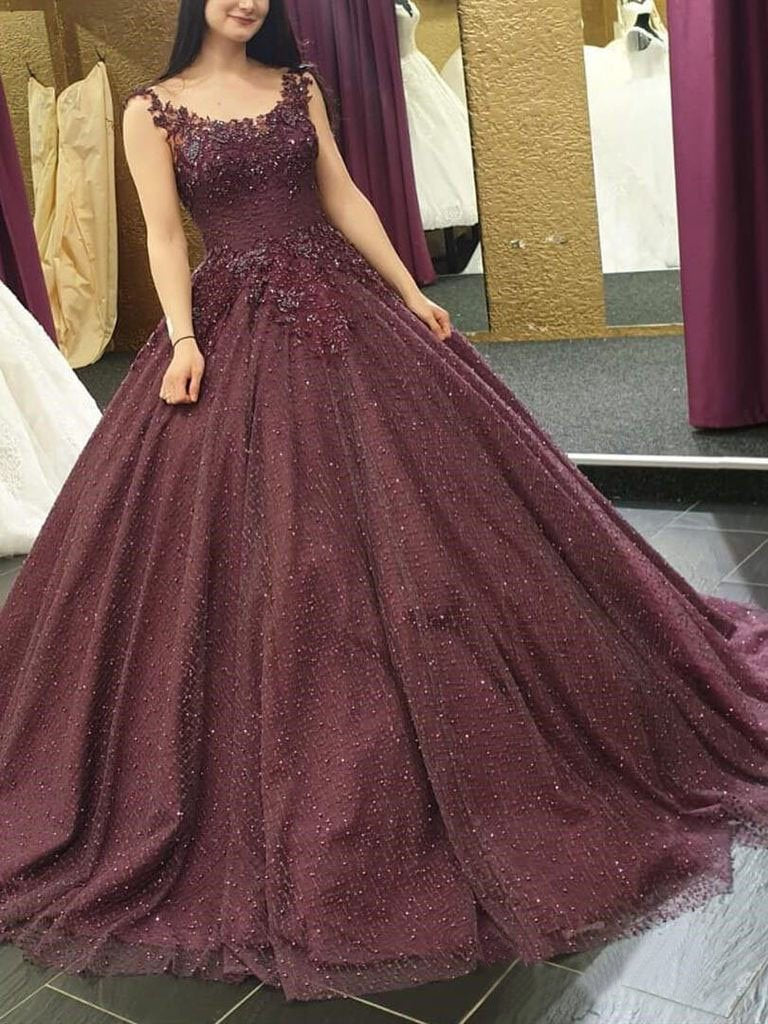 Burgundy Long Formal Ball Gown Prom Dresses With Lace Applique PDK52