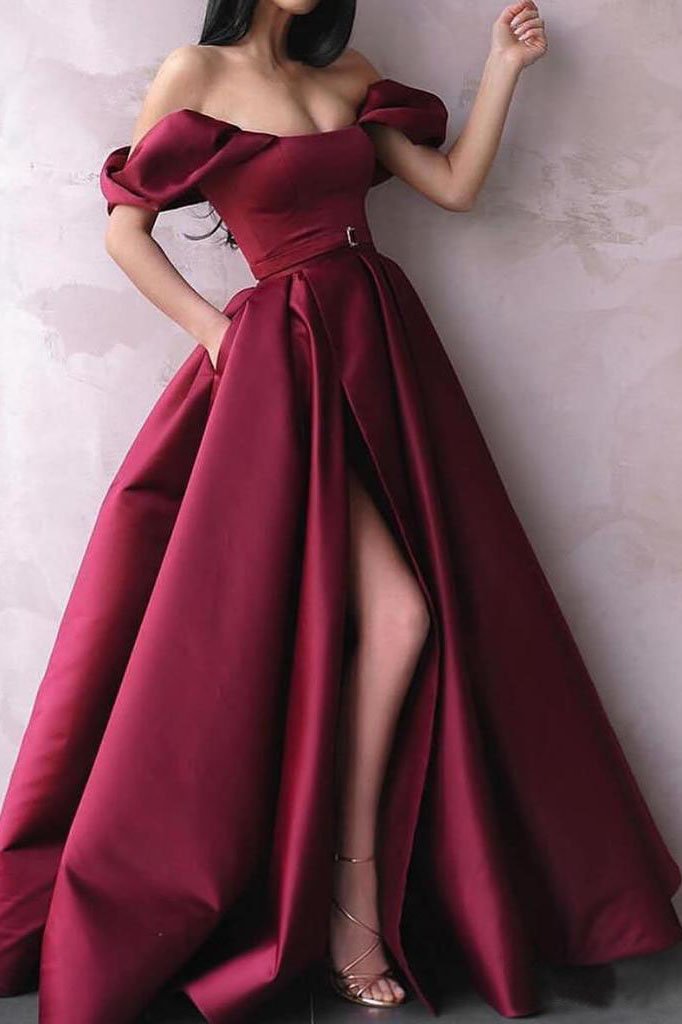 Burgundy Off The Shoulder Prom Dresses Long Formal Dresses With Slit PDKK48