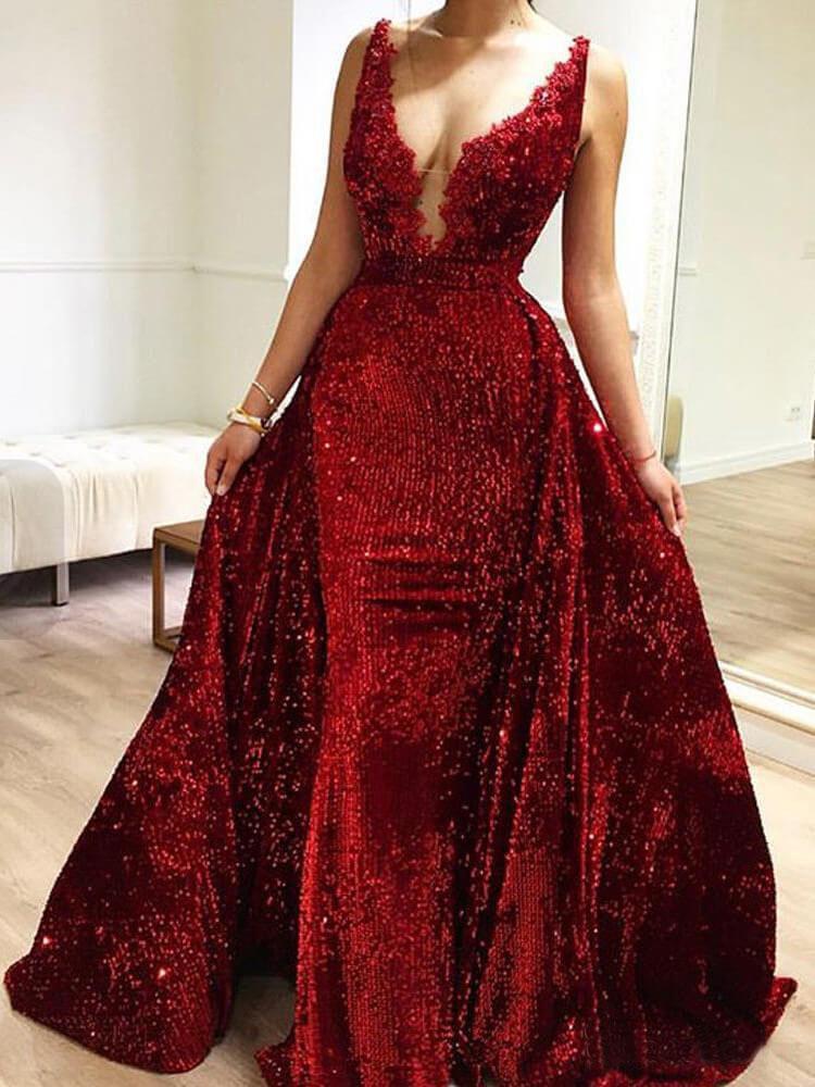 Burgundy Sequins Long V Neck Prom Dresses Lace Evening Dresses PDP1