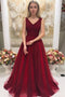 Burgundy V Neck Sleeveless Beaded Prom Dresses Sweep Train Dresses PDO89