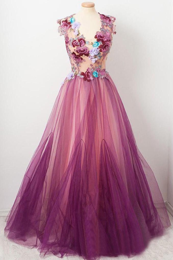 Tulle Flower A Line Prom Dresses Scoop neck Appliqued Party Dress PDP15