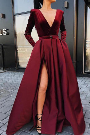 Burgundy V-neck Long Sleeves Prom Dresses Formal Dresses With Slit PDK50