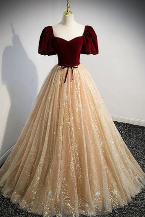 Sparkly A Line Puffy Sleeves Sweetheart Burgundy And Champagne Prom Dresses OM0364