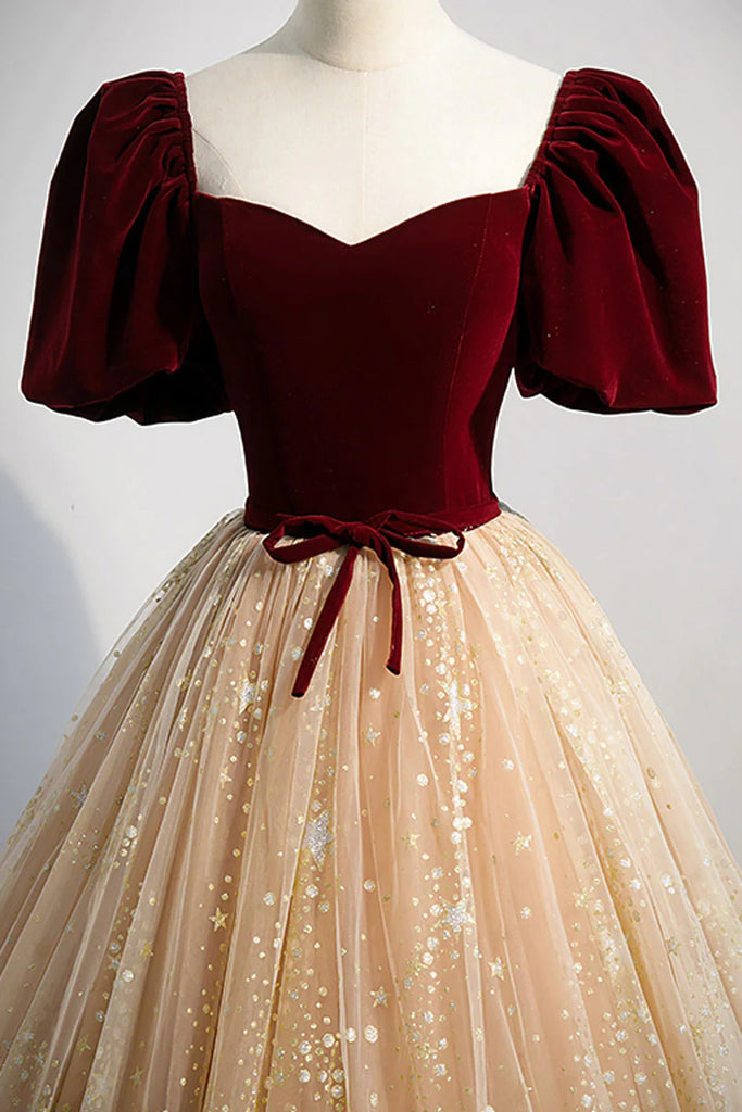 Sparkly A Line Puffy Sleeves Sweetheart Burgundy And Champagne Prom Dresses OM0364