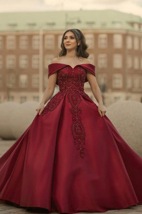 Burgundy Off the Shoulder Satin Long Prom Dresses, Wedding Dress With Beading OM0304