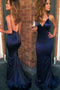 Spaghetti Straps V-neck Mermaid Long Evening Dresses Blue Prom Dresses OM0049