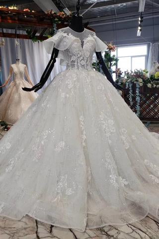 Elegant Ball Gown Big Wedding Dresses, Appliques Bridal Dress with Short Sleeves PDN73