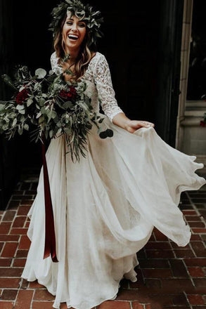 Boho Ivory Chiffon 3/4 Sleeves Two Piece Cheap Wedding Dress PDN88