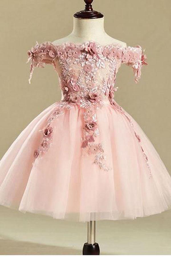 Pink Embroidery Flower Girl Dresses,Tulle Short Girl Dresses PDJ25