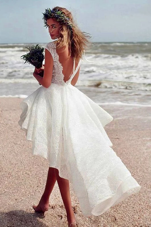 A Line Cap Sleeves Ivory Lace High Low Beach Wedding Dresses, Backless Bridal Dress OW0080