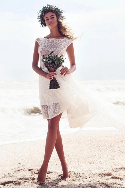 A Line Cap Sleeves Ivory Lace High Low Beach Wedding Dresses, Backless Bridal Dress OW0080