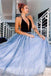 A Line Deep V-Neck Floor Length Sky Blue Prom Dress With Sequined PDQ58