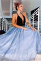 A Line Deep V-Neck Floor Length Sky Blue Prom Dress With Sequined PDQ58