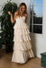 A Line Champagne Spaghetti Straps Chifffon Long Prom Dresses With Layers OM0323
